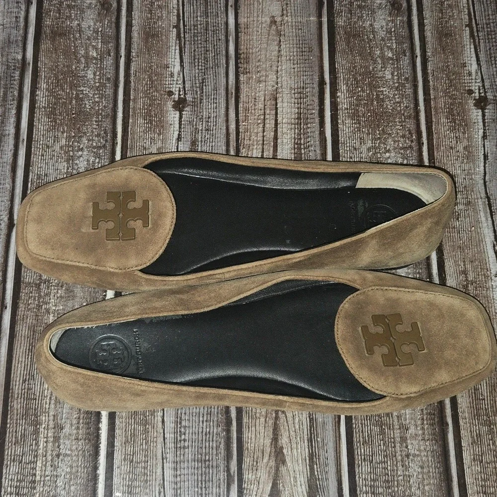 Sz 10.5 M Womens Tory Burch Fitz Brown Suede Square Toe Loafers Flats Shoes